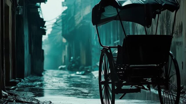 Rain falls on a quiet street with a rickshaw waiting by the side in a narrow alley during a gloomy afternoon