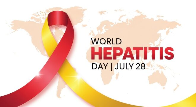 World hepatitis day july 28 awareness banner with red and yellow ribbon on world map background