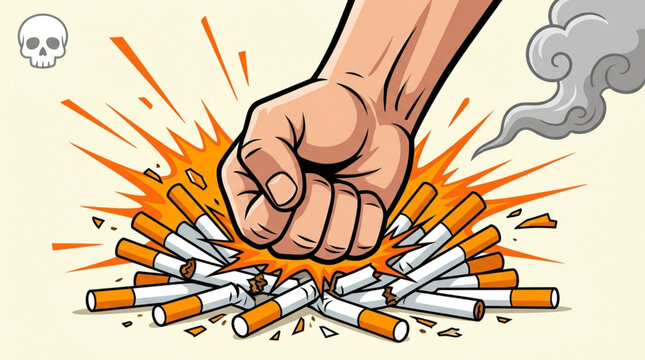 World No Tobacco Day Fist crushing cigarettes symbolising the fight against smoking and promoting a healthy lifestyle