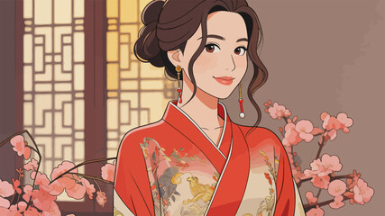 Fototapeta premium Elegant Traditional Chinese Hanfu Woman Indoor Portrait