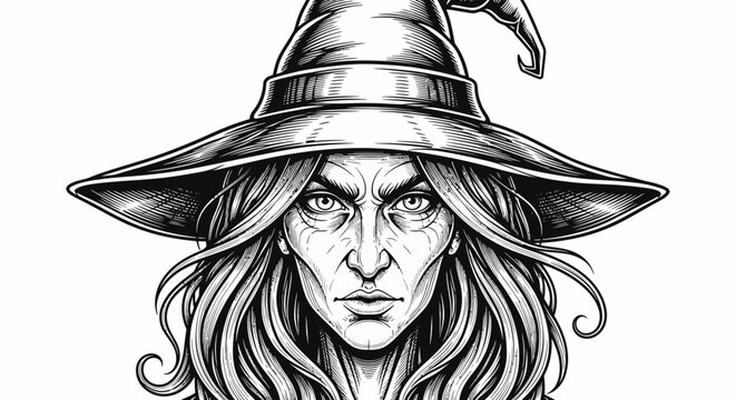 Intricate black and white illustration of an old witch with a pointed hat and long hair, mystical fantasy art, Halloween concept, dark magic sorceress.