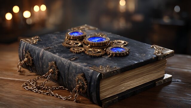 Ancient steampunk magic book with leather cover, brass gears and glowing blue crystals on a wooden table, fantasy spellbook illustration