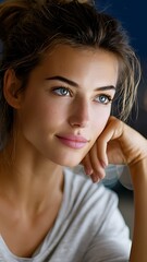Fototapeta premium Portrait of a beautiful young woman with blue eyes resting her chin on hand, thoughtful pretty brunette female model in casual clothing
