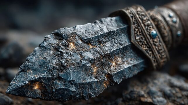 Close-up of a weathered stone blade with ornate metalwork hilt