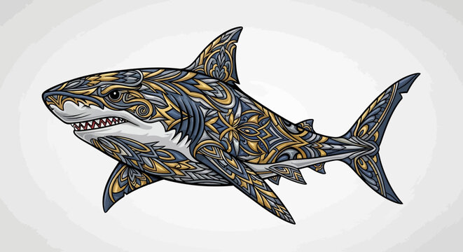 Detailed Ornate Shark Illustration with Golden and Blue Intricate Patterns. Elegant Marine Predator Design.