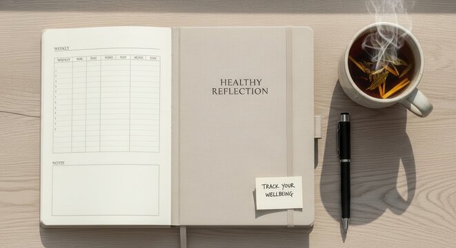 The action reflection journal lies open on a wooden desk with a cup of tea and pen beside it.