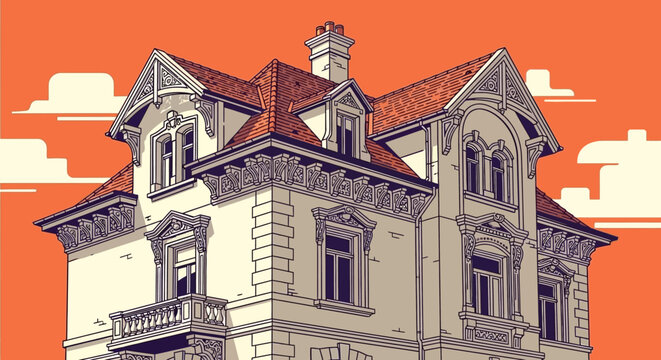 Vintage illustration of a grand Victorian-style mansion with an ornate facade, red roof, and balconies against a vibrant orange sky.