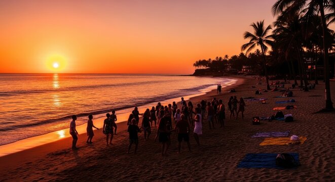 People gather on beach at sunset with palm trees and calm waves