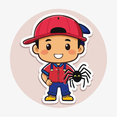Fototapeta premium Cartoon Boy Holding a Spider