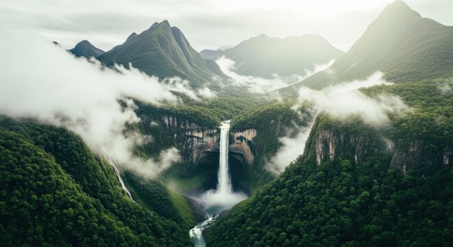 Aerial view of a majestic waterfall cascading down a lush green mountain landscape surrounded by fog and misty clouds at sunrise or sunset.
