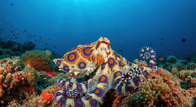 Vibrant blue-ringed octopus swims near coral reef underwater sea floor.