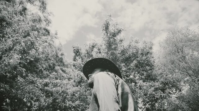 Cowboy walks by with trees in background. Shot from a low angle and edited in classic vintage western black and white film style.