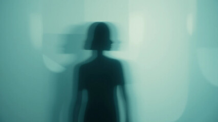Fototapeta premium Abstract monochrome portrait of minimalist figure dissolving into fragmented transparent layers with moody cinematic lighting