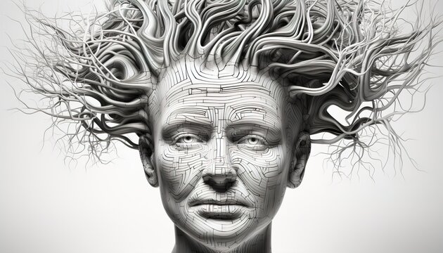 A surreal sculpture of a human face with tree roots for hair