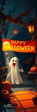Flickering flashlight illuminates a friendly ghost's discovery of a bright orange "Happy Halloween" banner, amidst autumnal decorations and eerie shadows, fall, pumpkins