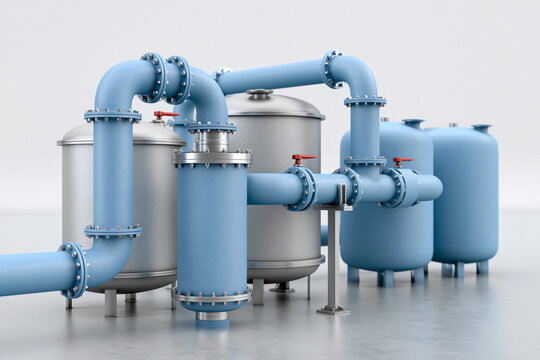 Blue pipes connect stainless tanks in clean, modern setup. Metal components reflect light with precise engineering. Industrial infrastructure stands ready for fluid transfer