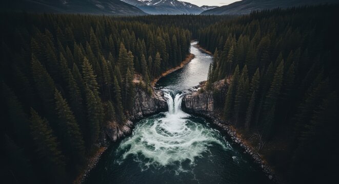 Aerial view of a river flowing through a dense forest with a waterfall and mountain range in the background
