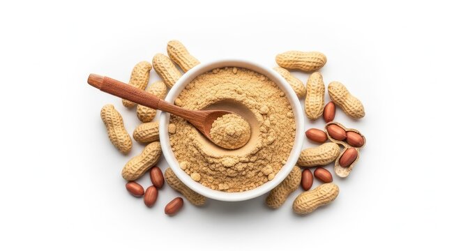 Organic peanut flour in white ceramic bowl with wooden spoon, raw ground nut powder, whole peanuts in shell on white background