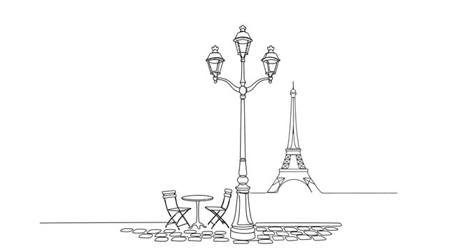 Parisian street cafe scene with Eiffel Tower and ornate lamppost, minimalist line art.
