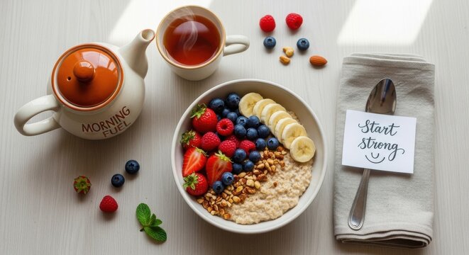 A nutritious breakfast setup with fresh fruits and oatmeal on a table