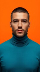 Obraz premium man in teal turtleneck sweater on orange background