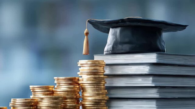Investment in education shows growth through stacked coins and books with graduation cap on top at a desk in a study area during daytime