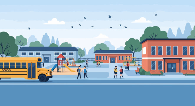 School bus and students arriving at a vibrant school campus.
