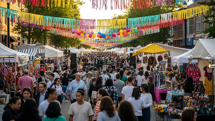 Obraz premium Vibrant street festival with colorful decorations and crowd