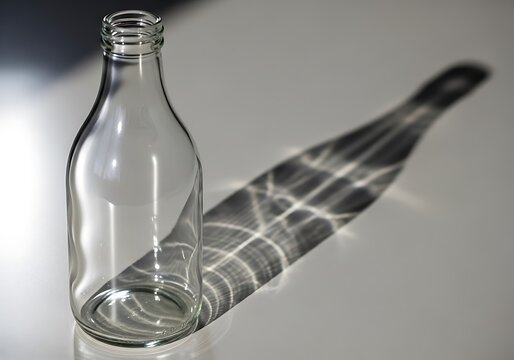 Empty Clear Glass Bottle with Dramatic Caustic Shadow on Light Surface