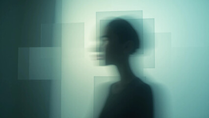 Fototapeta premium Abstract monochrome portrait of minimalist figure dissolving into fragmented transparent layers with moody cinematic lighting