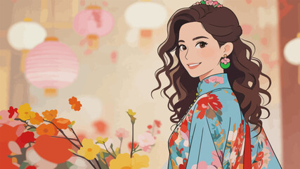 Fototapeta premium Vintage Chinese New Year themed illustration of smiling woman
