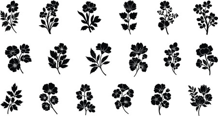 Black floral silhouettes, 16 flower on white background, flowers © Graphic Shops
