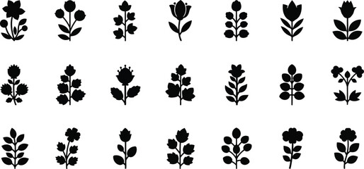 Black floral silhouettes, 18 flower and leaf on white background, flowers leaves © Graphic Shops