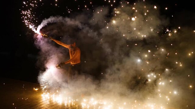 Acrobatic fire performer spinning pyrotechnic torches creating light trails and thick smoke at night.
