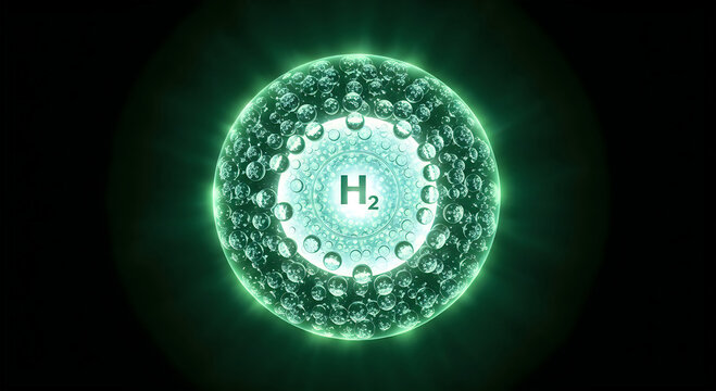Hydrogen H2 molecule icon with green bubble effect