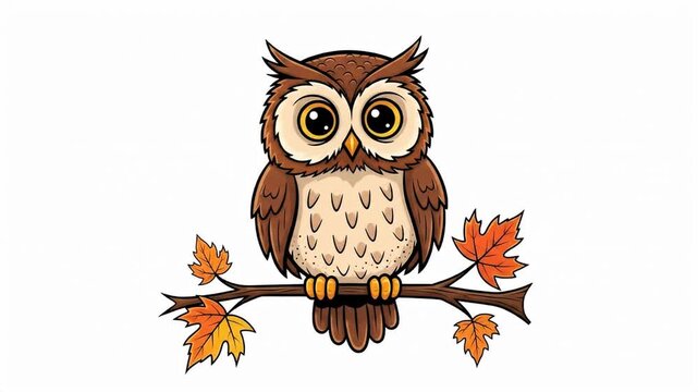 Charming Owl Illustration with Autumn Leaves on a Branch.
