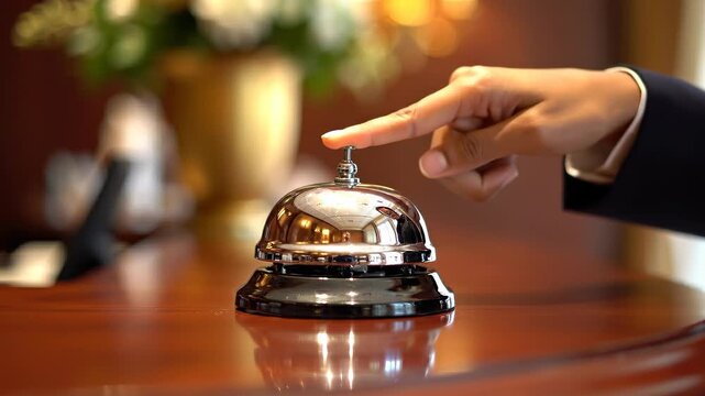 Hand pressing service bell on hotel reception desk