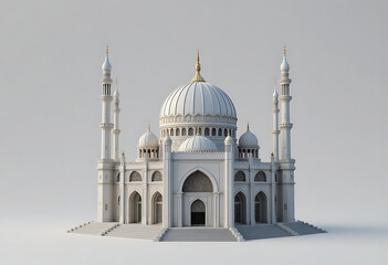 Naklejka premium Blue and white mosque with three domes and minarets, islamic architecture