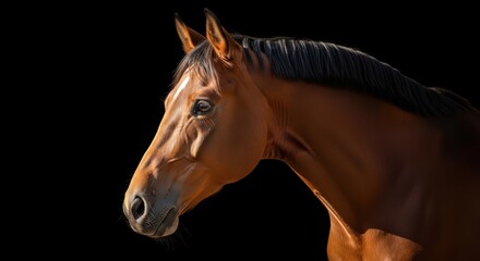 Fototapeta premium close-up portrait of majestic chestnut brown horse head with glossy mane on black background