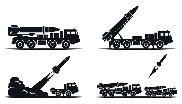 Ballistic missile launchers silhouette vector transparent background set launching missile and transport vehicles vector art.