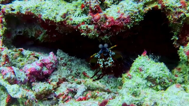 Peacock mantis shrimp facing camera in coral habitat underwater in Bali, showing alert posture, defensive stance and marine crustacean behavior in tropical ocean environment.