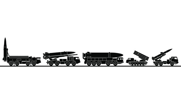 Military missile systems and vehicles silhouette vector collection transparent background including rocket launchers and tanks.
