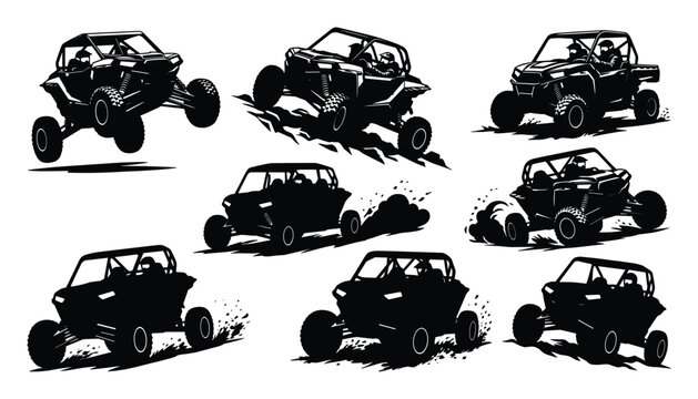Collection of dynamic off road buggy silhouettes in various action poses jumping and kicking up dust, vector graphics for adventure themes.