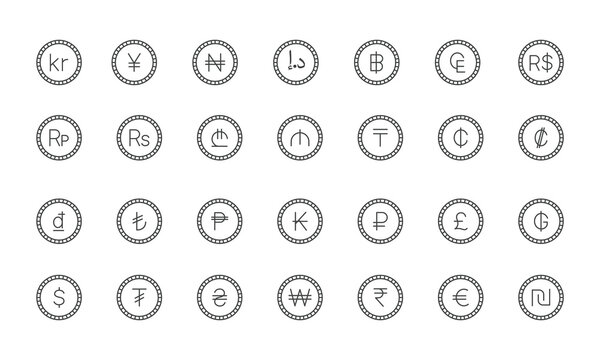 Global Currency Symbols Thin Line Outline Icons Set in Coin Design