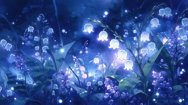 夜の森で魔法のように光り輝くスズランの花