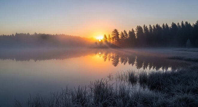 Sunrise over tranquil lake landscape