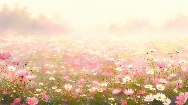 夕暮れの光に輝くコスモスの野原