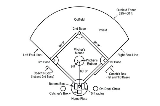 Baseball field diagram transparent vector illustration showing layout dimensions and player positions.