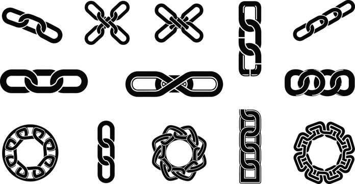 Black chain various link on white background, links symbols