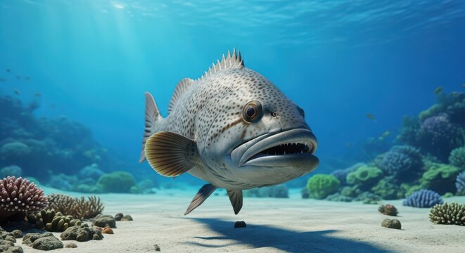large grouper fish swimming near coral reef in clear tropical ocean waters with sunlight